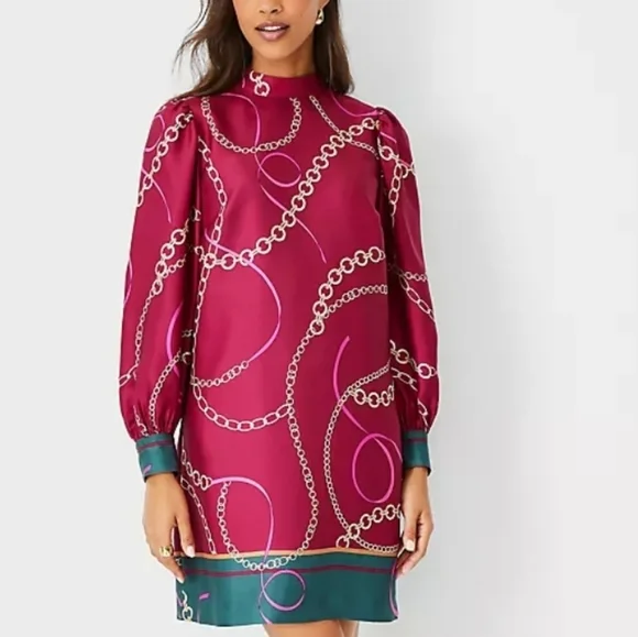 NEW! ANN TAYLOR Chain Print Mock Neck Sheath Mini Dress XSP. - Picture 2 of 8